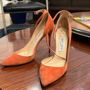 Jimmy Choo Vibrant Orange Suede Heels w/ straps Sz 39